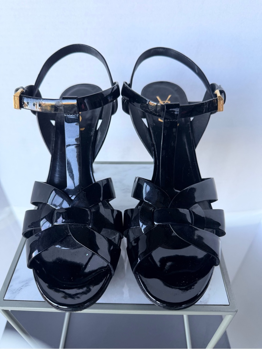 Yves Saint Laurent Tribute Black Patent T-Strap Platform Heels